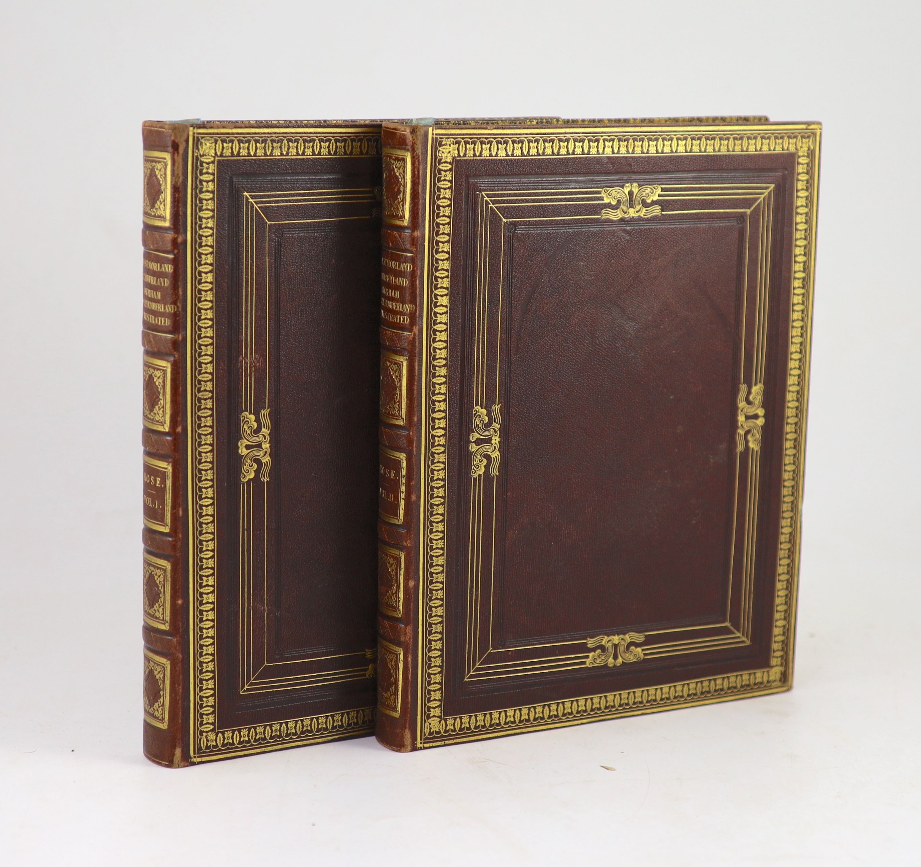 Rose, Thomas - Westmorland, Cumberland, Durham, and Northumberland, Illustrated from Original Drawings by Thomas Allom, George Pickering. 2 vols. Complete 215 plates (some with guards). Pebbled Morocco, gilt ruled and de